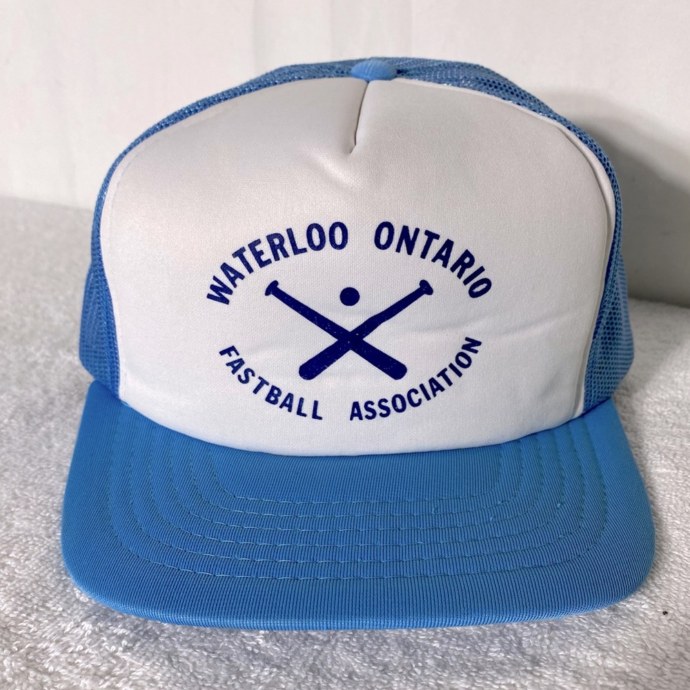 Vintage Blue White Waterloo Ontario Fastball Association Snap Back Trucker Hat